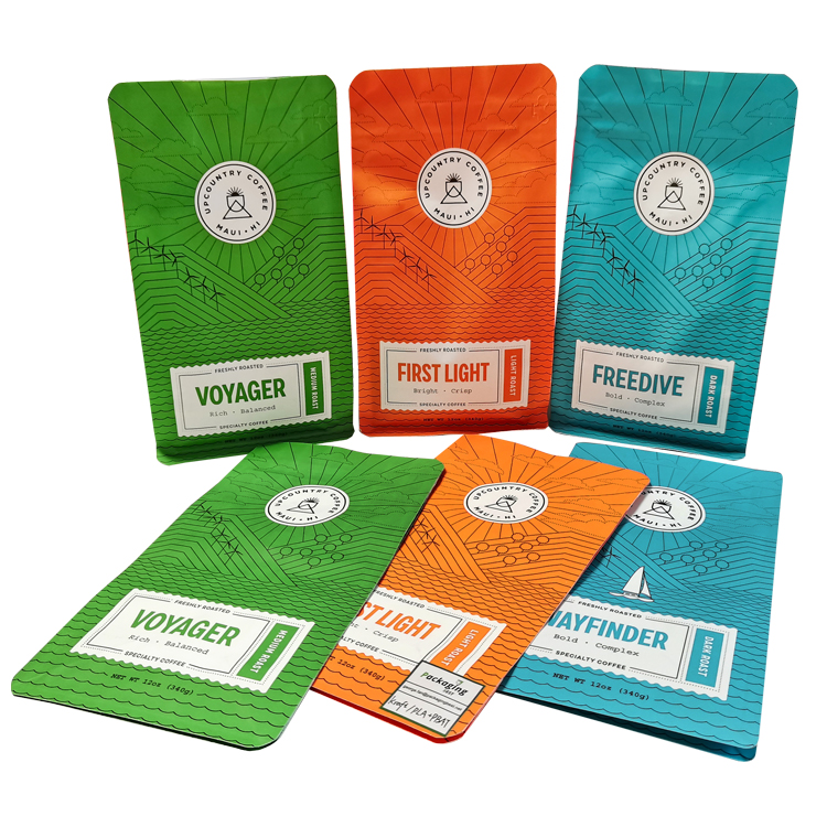 Three upright and three laid-down colored coffee bag designs