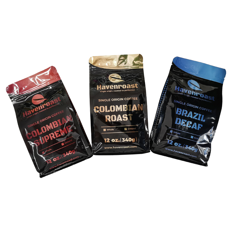 Angled dark coffee bags with red gold-colored and blue accents