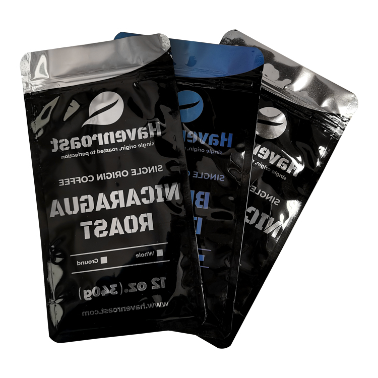 Laid-down glossy coffee bags with reverse-facing printed panels