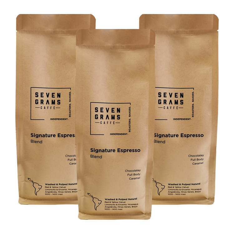 Three kraft-colored coffee bags with framed black brand marks