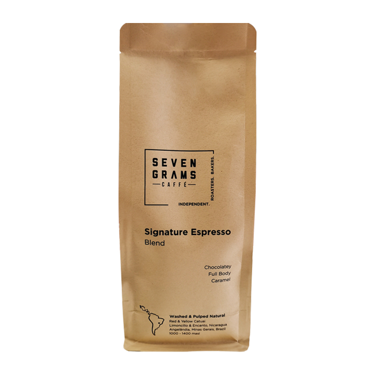 Single kraft-colored coffee bag with black front information