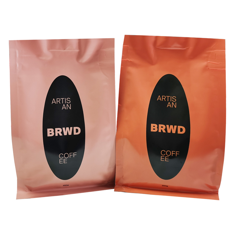 Peach and orange coffee bag fronts side by side