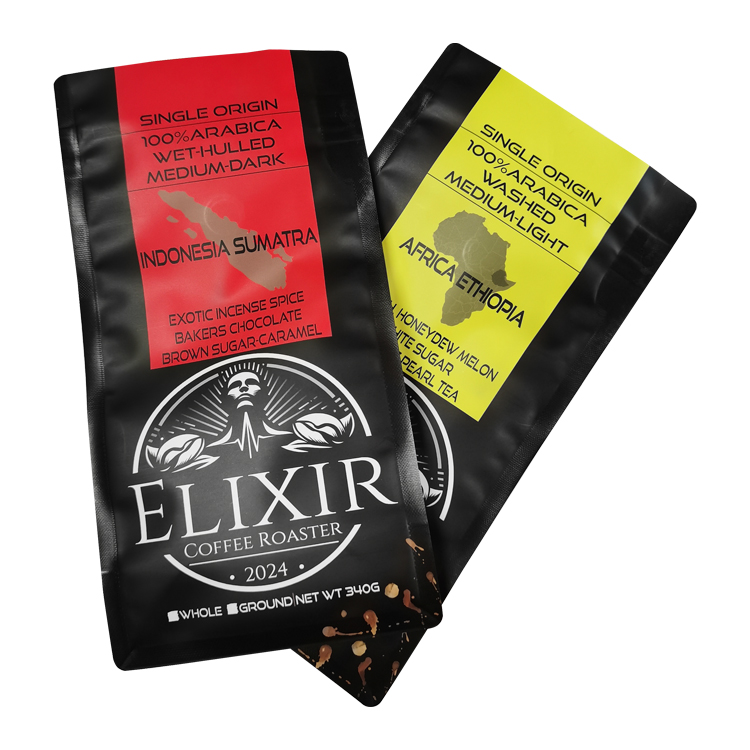 Close view of red and yellow front label coffee bags with printed 340 g text