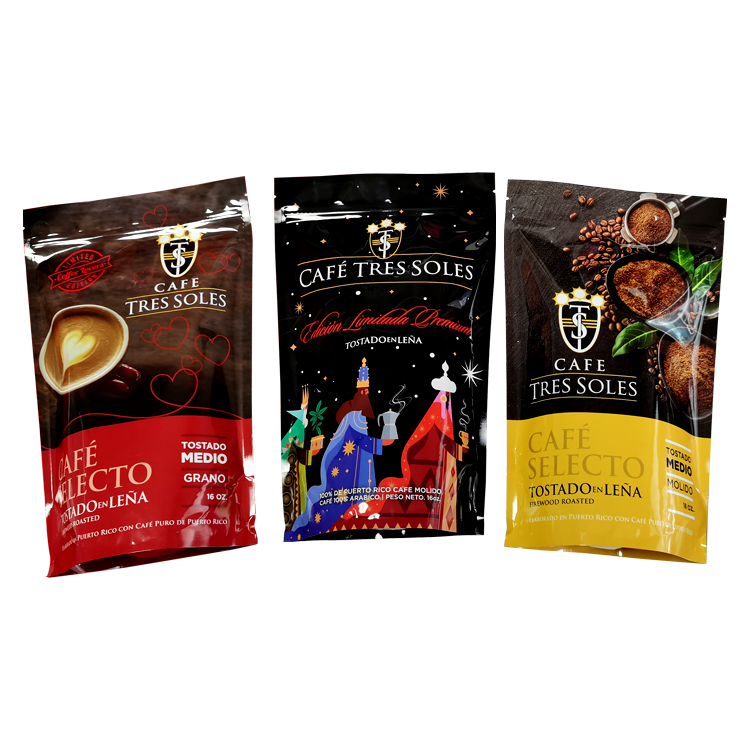 Three pouch fronts featuring coffee and illustrated scenes