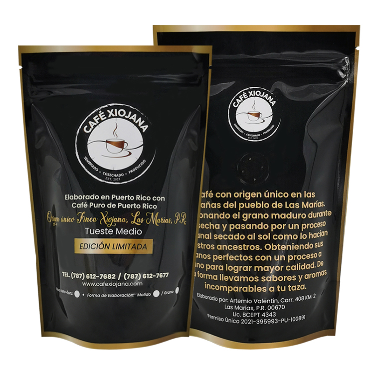 Two black and gold stand up coffee pouch views
