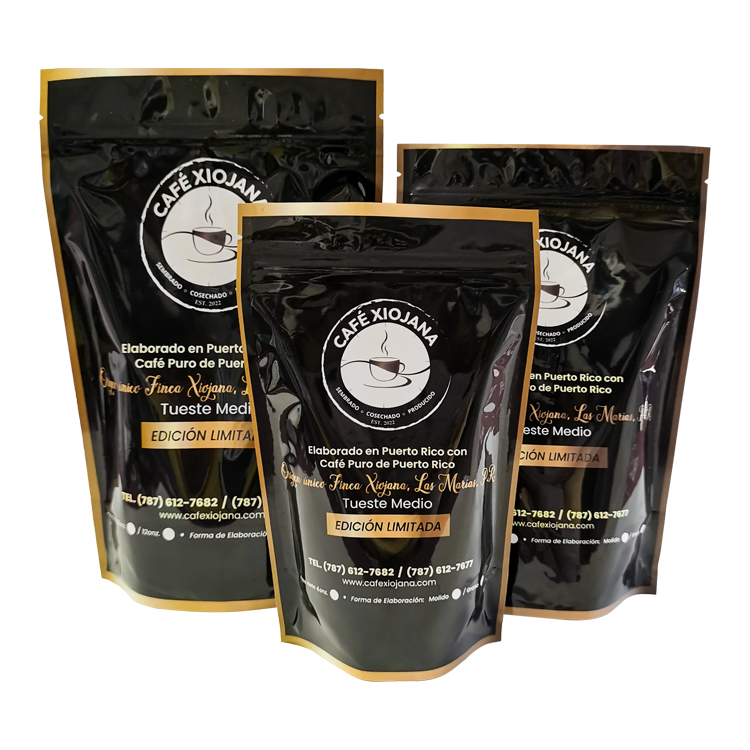 Three black coffee pouches in different pictured heights