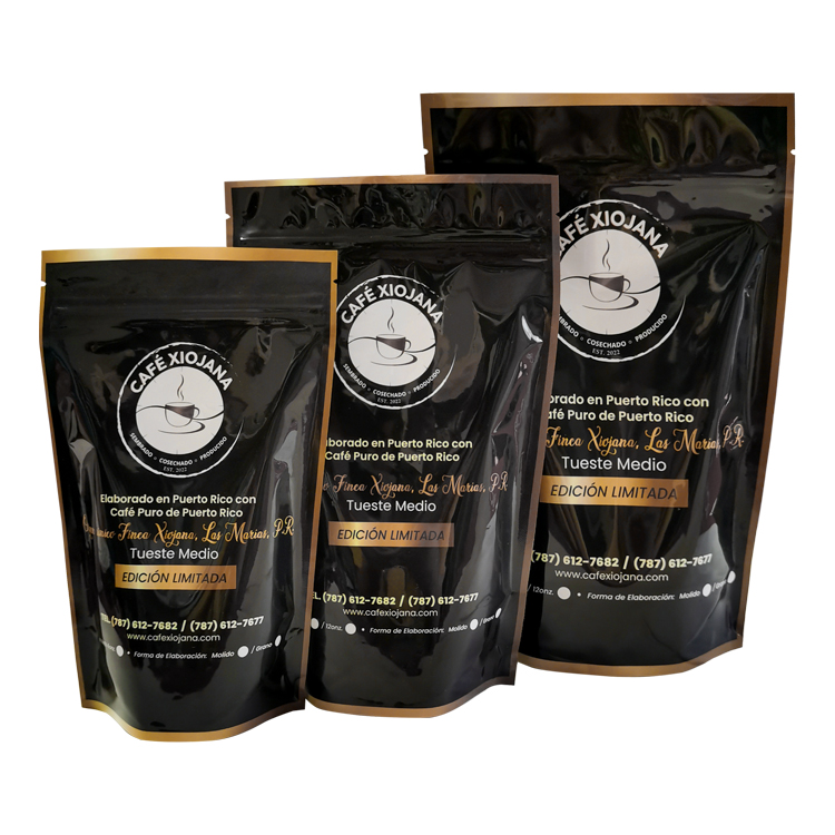 Front and back arrangements of black pouches with gold-colored borders