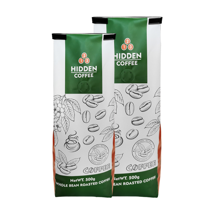 Green and white side gusset coffee bag views