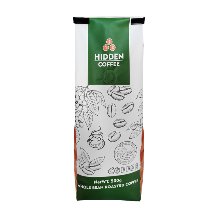 Front view of a green-and-white printed side gusset coffee bag with a valve