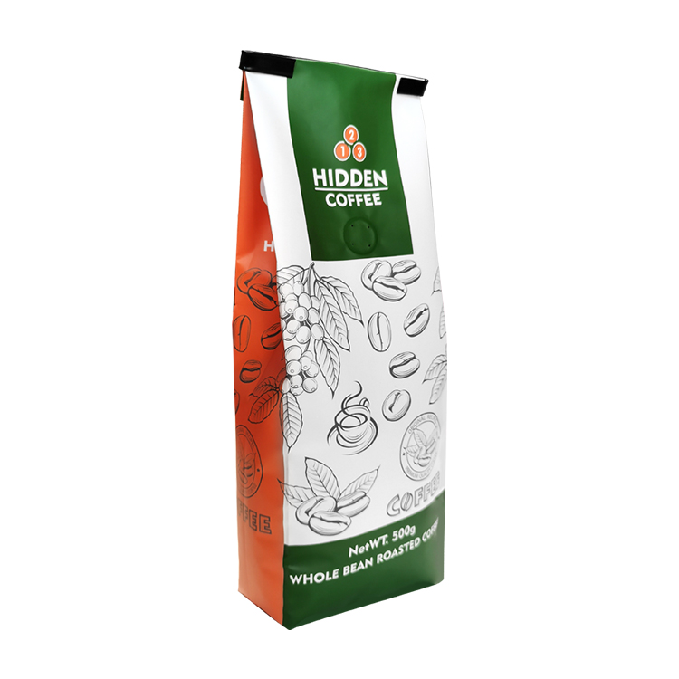 Angled view of a printed side gusset coffee bag showing an orange side panel