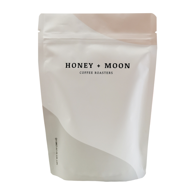 Front of a digitally printed stand up coffee pouch