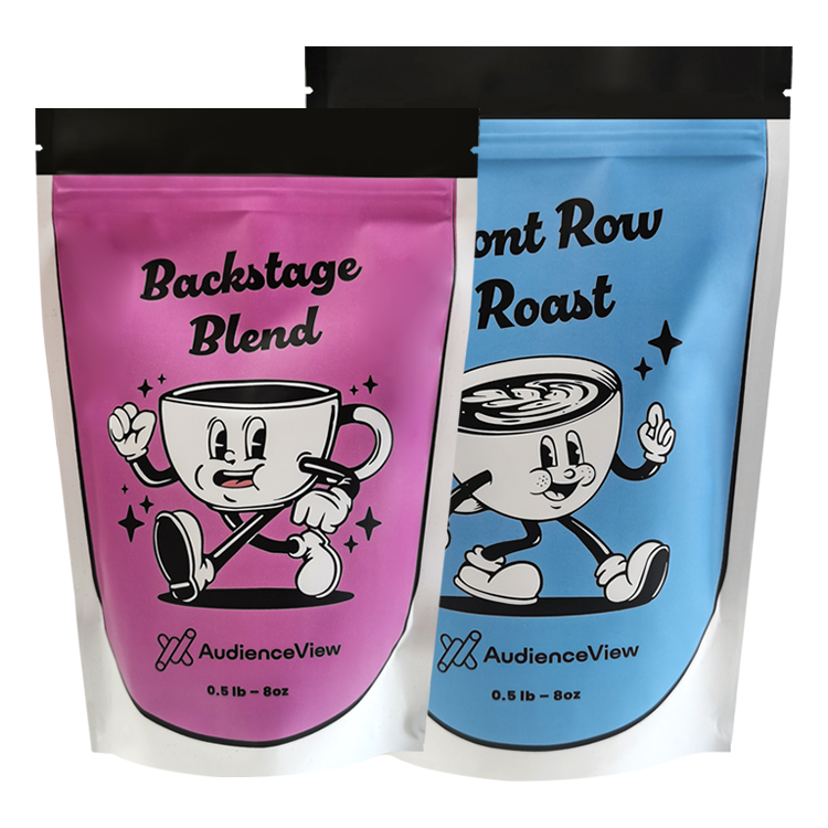 Pink and blue coffee pouches with illustrated graphics