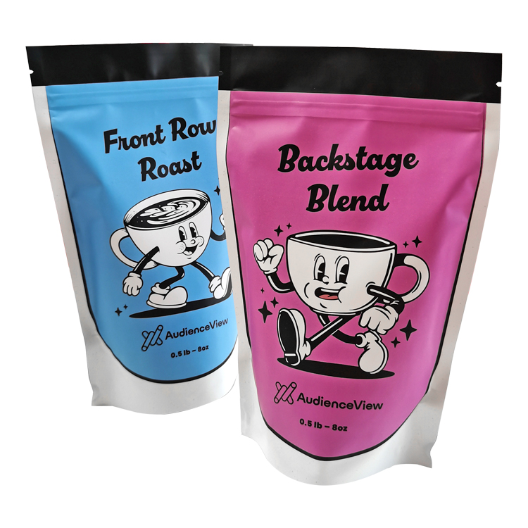 Blue and pink coffee pouch fronts shown at an angle