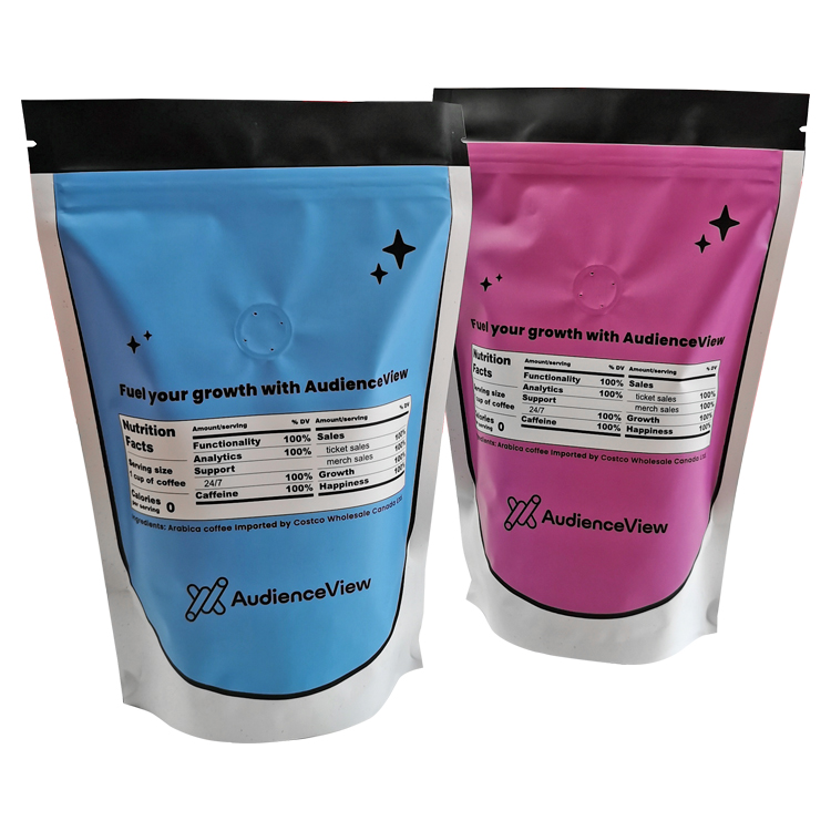 Blue and pink pouch backs with valves and table-like graphics