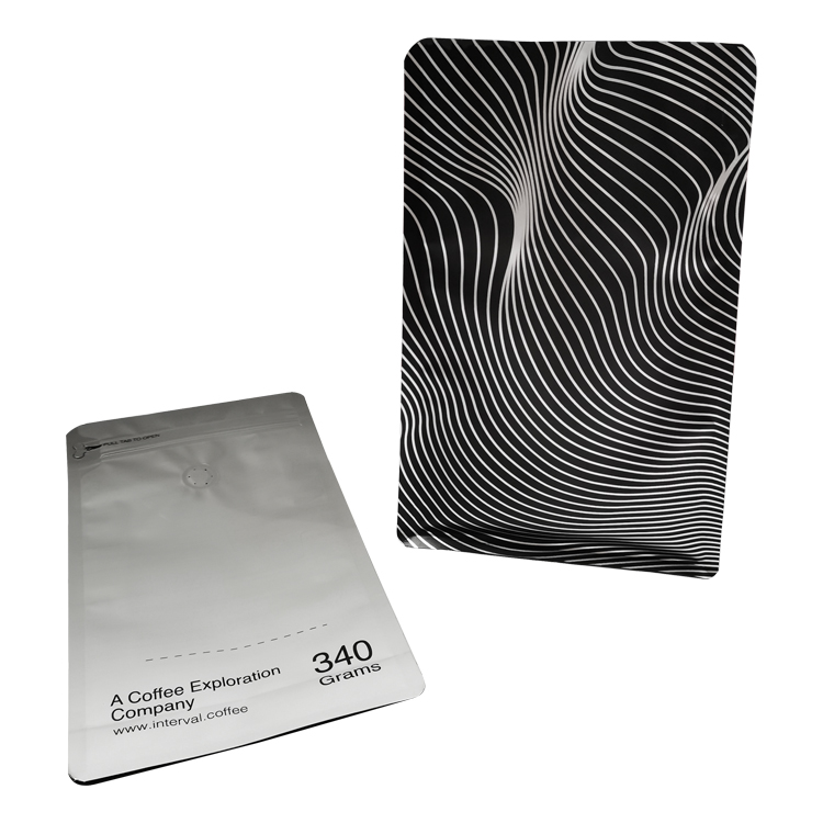 Front and back of a digitally printed flat bottom coffee bag