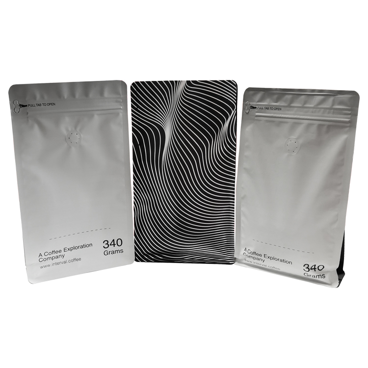 Digitally printed flat bottom coffee bags with a valve and pull-tab zipper