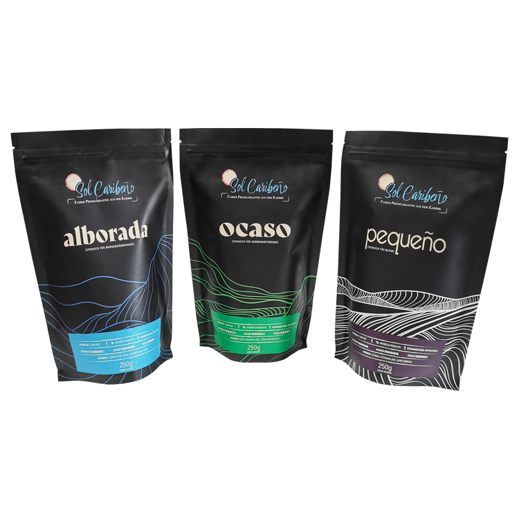 Three dark stand up coffee pouches with blue, green and white line artwork and printed 250 g weight statements