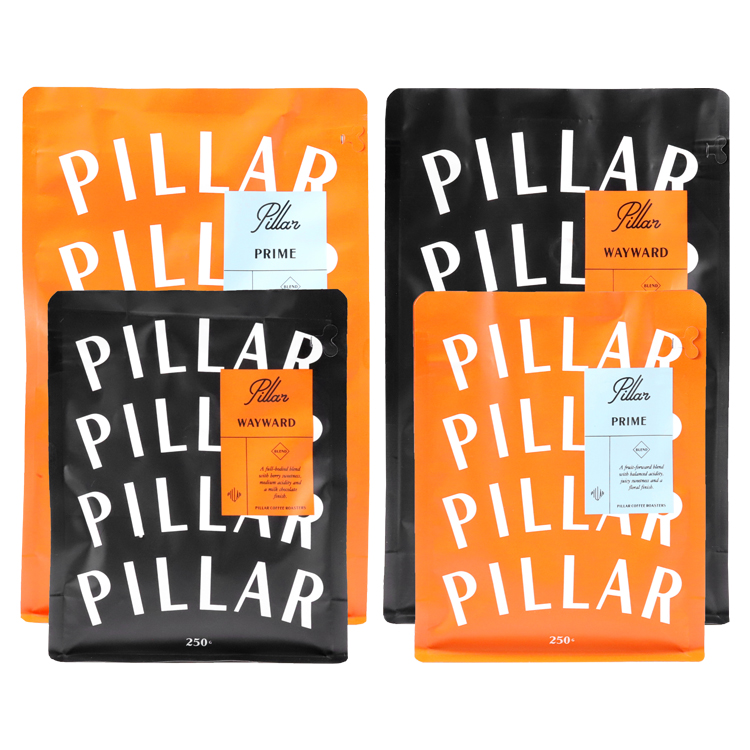 Four black and orange coffee bag views with large white lettering