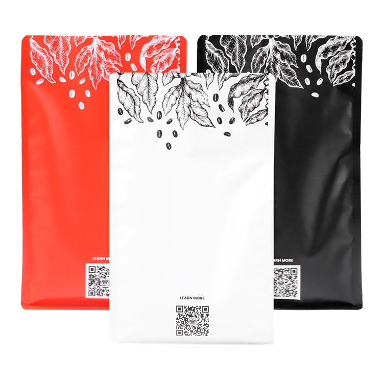 Backs of red white and black coffee bags with botanical graphics and QR codes