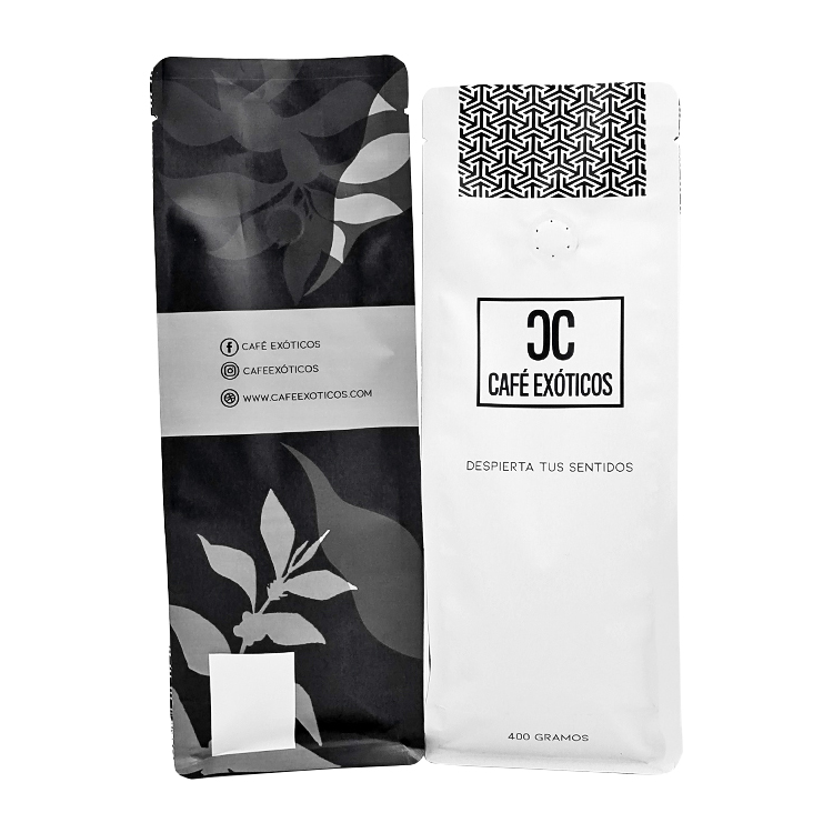 Black and white coffee bag views with botanical artwork