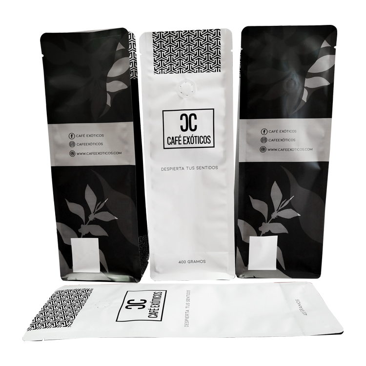 White and dark coffee bag views arranged upright and laid down