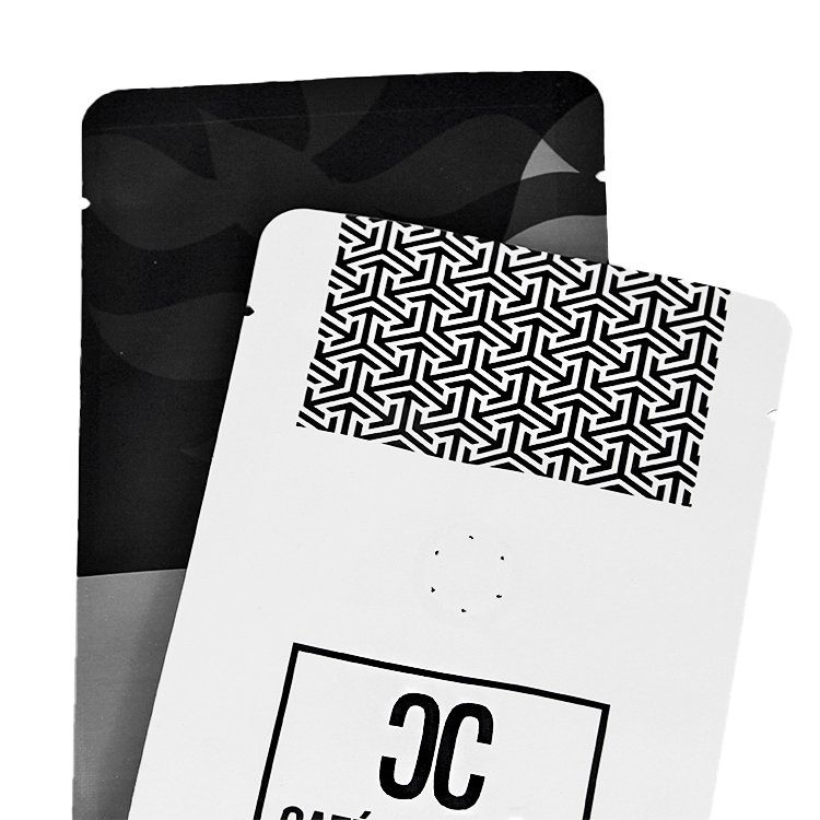 Close view of white geometric front pattern beside a dark bag