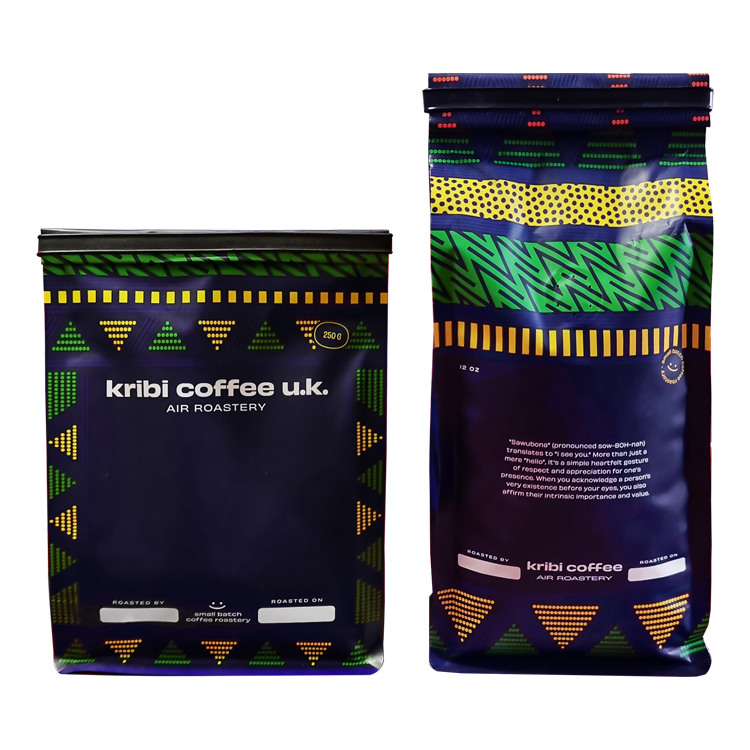 Short and tall coffee bags shown from the front and back