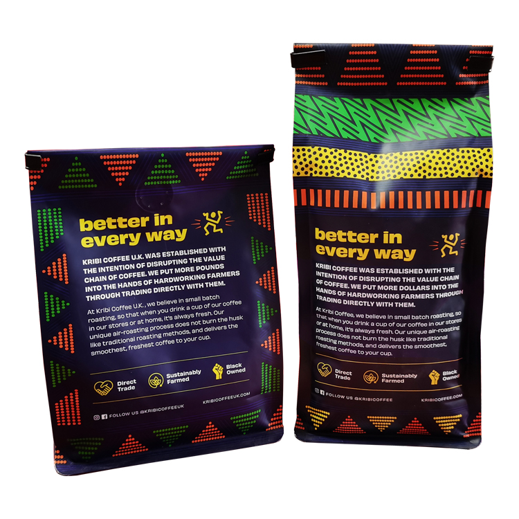 Backs of two different-height patterned coffee bags