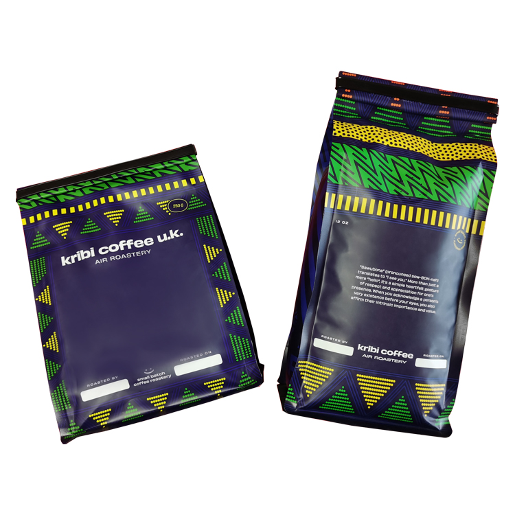 Angled front views of short and tall patterned coffee bags