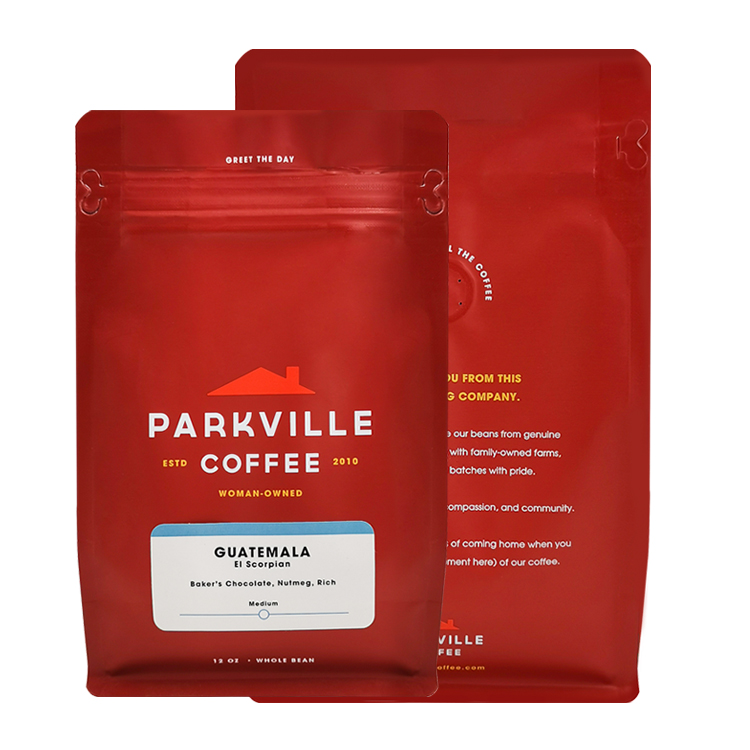 Front and back red coffee bag views with white printed details