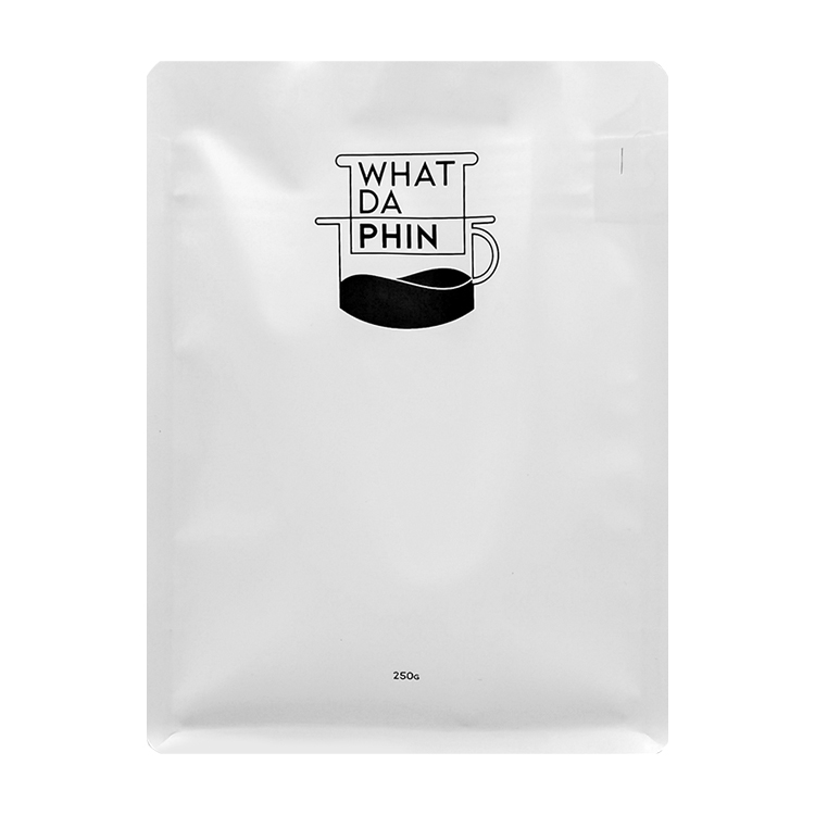 White coffee bag front with black cup graphic and small 250 g text