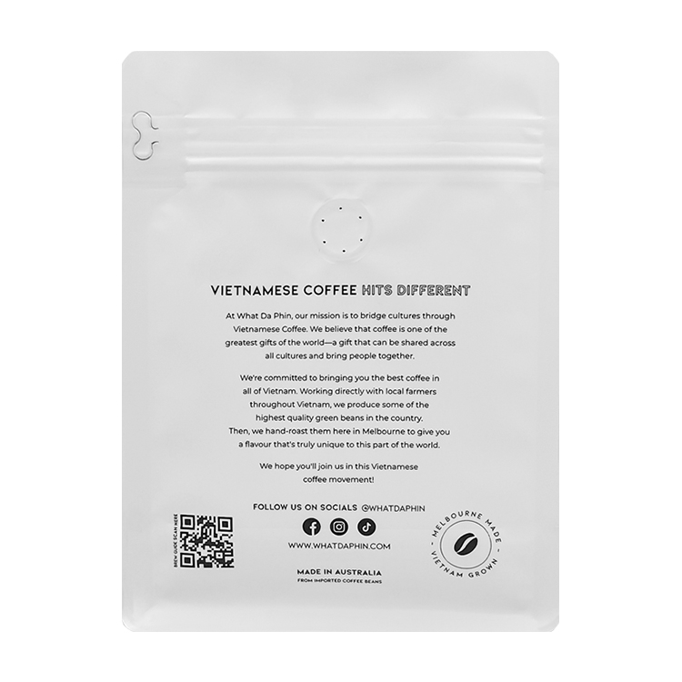 White coffee bag back with valve information and QR code