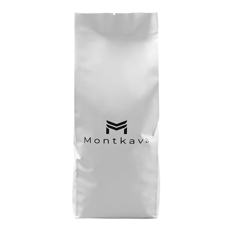 White flat bottom coffee bag with small black brand graphics