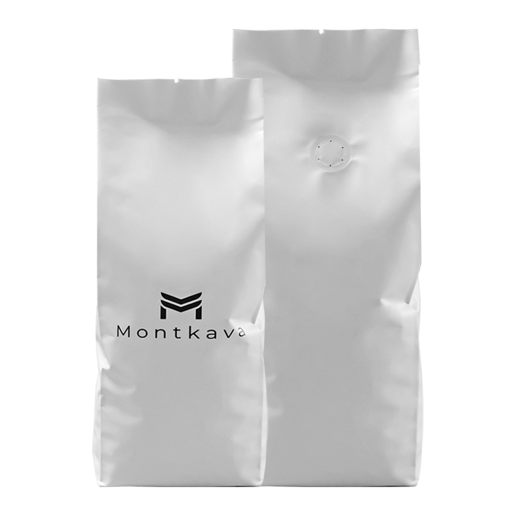White coffee bag front beside a back view with a valve