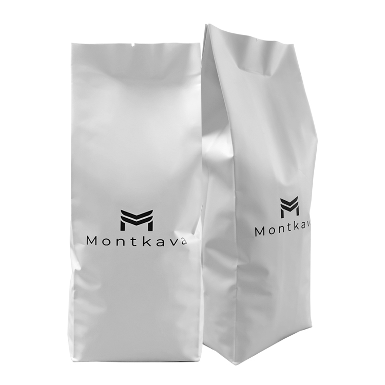 White coffee bag front and angled side views