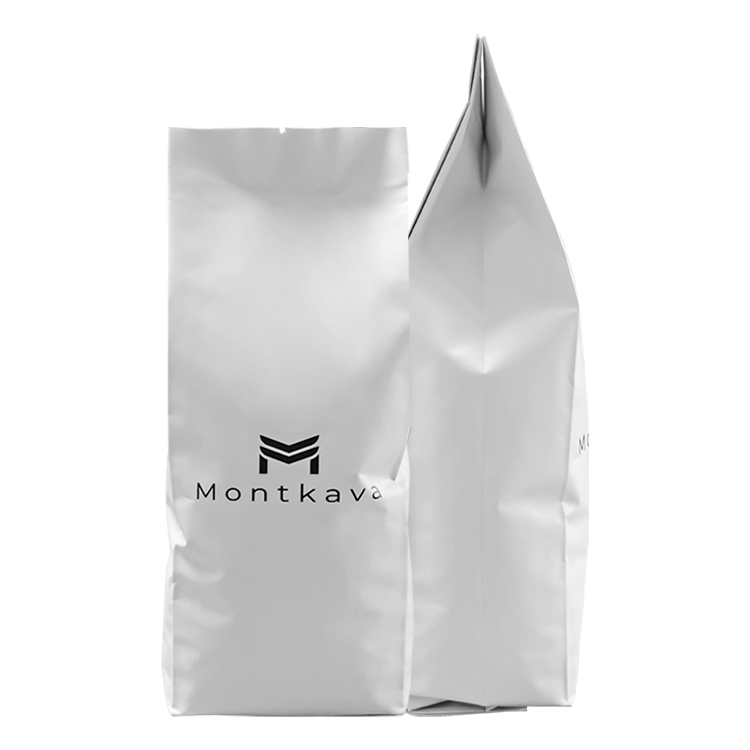 White coffee bag front beside a narrow side view