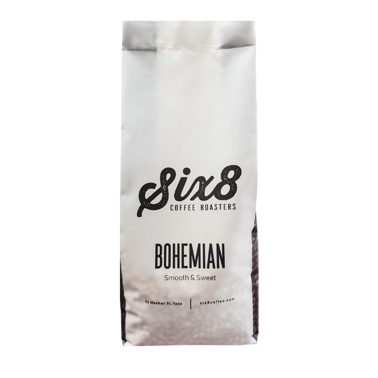 Front of a printed side gusset coffee bag for 1 kg beans