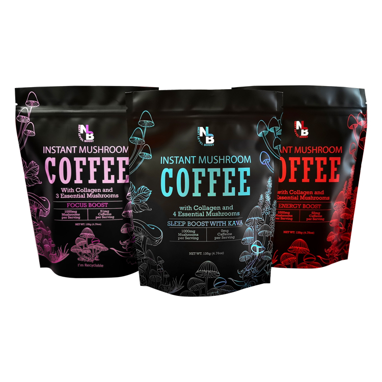 Three black mushroom coffee pouches with colored printed graphics