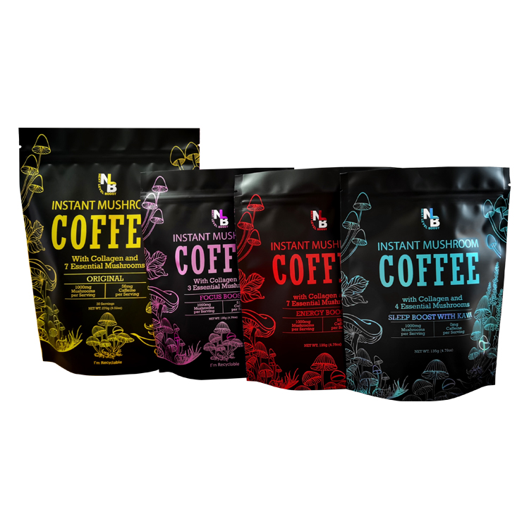 Four black pouches with yellow purple red and blue lettering