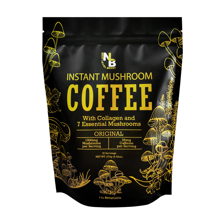 Yellow-lettered mushroom coffee pouch with illustrated mushrooms