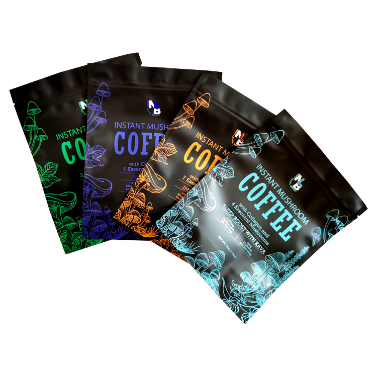 Overlapping black coffee pouches with several colored illustrations
