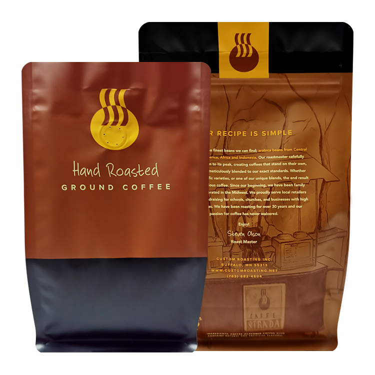 Brown and black coffee bag views with gold printed details