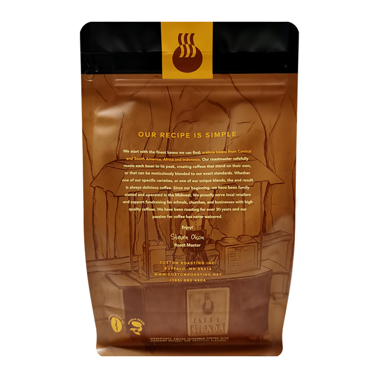 Back of a brown coffee bag with information and a line drawing