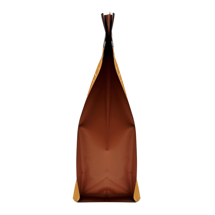 Narrow side view of the brown flat bottom coffee bag