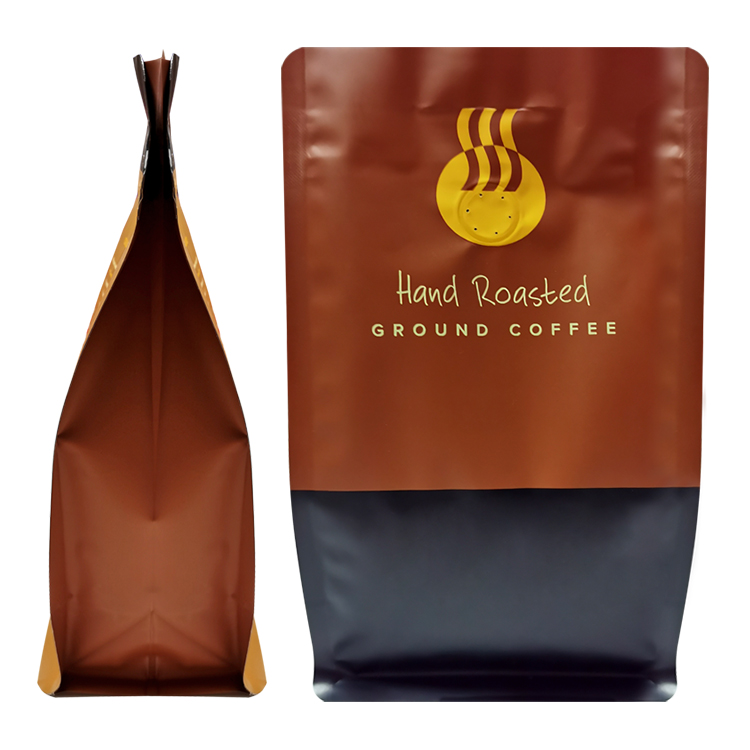 Side and front views of the brown and black coffee bag