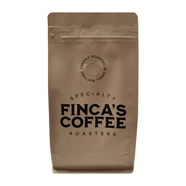 Brown-colored flat bottom coffee bag with dark brand graphics