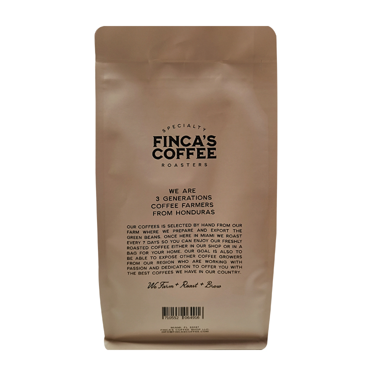 A brown-colored coffee bag with black printed coffee-brand information and a barcode