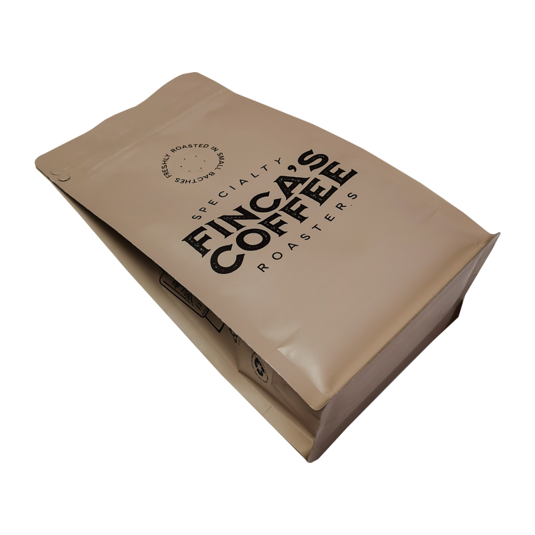 Brown coffee bag laid at an angle showing its front and base
