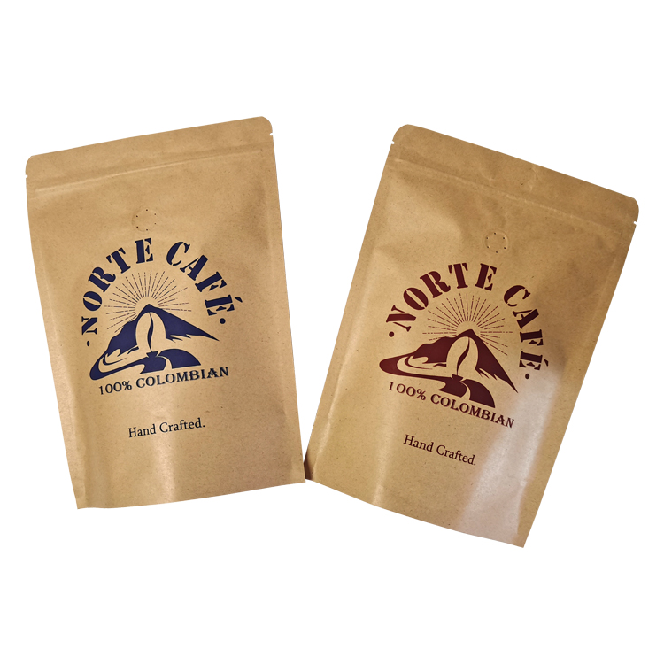 Angled kraft-colored pouch fronts with blue and red illustrations