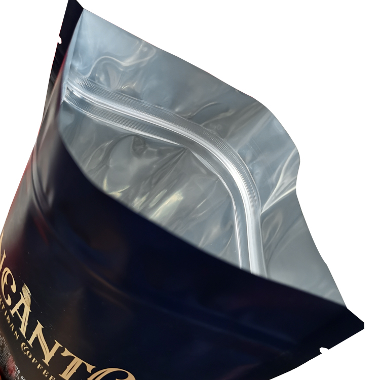 Open dark blue coffee pouch showing the interior closure